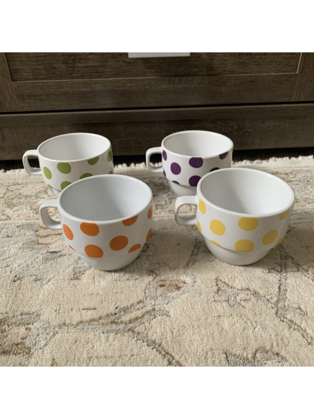 World Market Rainbow Polka Dot Stacked Coffee Tea Cups Chrome Stand 8oz Set of 4
